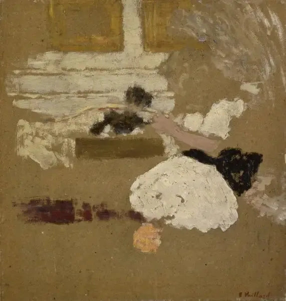 Sisätiloissa tyttö lukemassa ja nainen mustassa kirjoittamassa - Édouard Vuillard