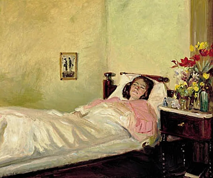 Sisustuskuva, jossa nuori nainen makaa sängyssä. - Michael Peter Ancher