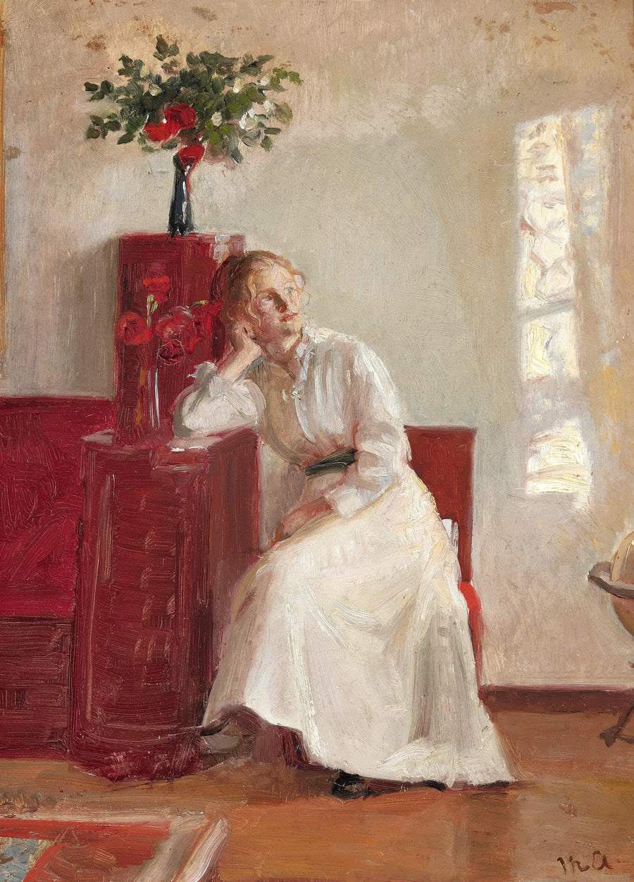 Sisustus, jossa nuori nainen istuu tuolilla. - Michael Peter Ancher
