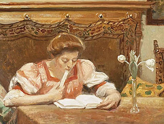 Sisäkuvassa nuori nainen lukemassa. - Michael Peter Ancher