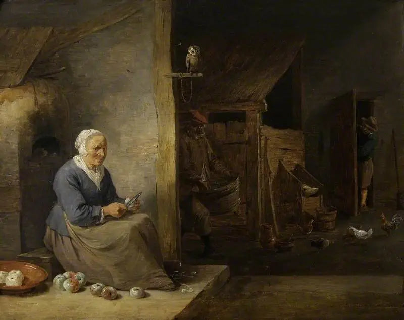 Sisätilat, vanhan naisen kuorimassa omenoita - David Teniers nuorempi