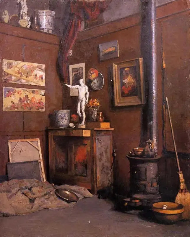 Ateljeen sisustus takan äärellä - Gustave Caillebotte