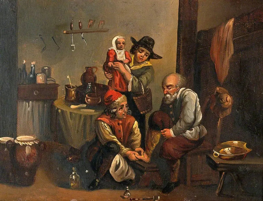Sisätilat lääkärin vastaanotossa, jossa kirurgi hoitaa miehen jalkaa, ja nainen sekä lapsi katsovat - David Teniers nuorempi