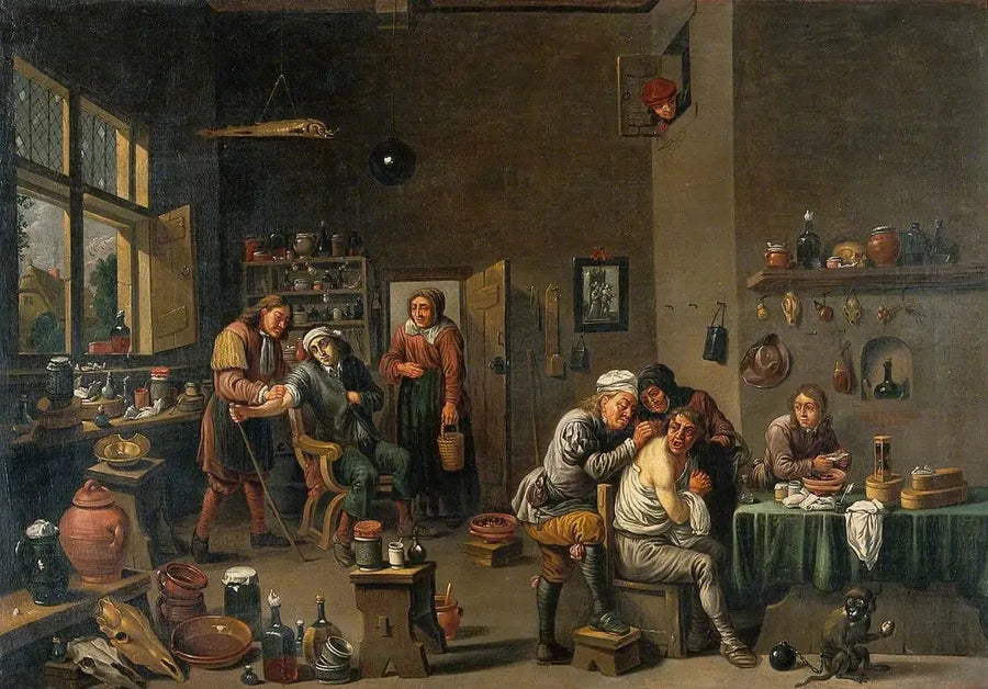 Sisätilat lääkärin vastaanotossa kahden operaattorin kanssa - David Teniers nuorempi