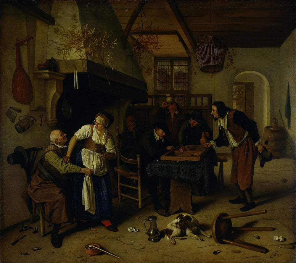 Intérieur d'une auberge où un vieil homme s'amuse avec la propriétaire et deux hommes jouent au backgammon, un jeu connu sous le nom de « Deux sortes de jeux ». - Jan Steen image 1 reproduction de peinture à l’huile