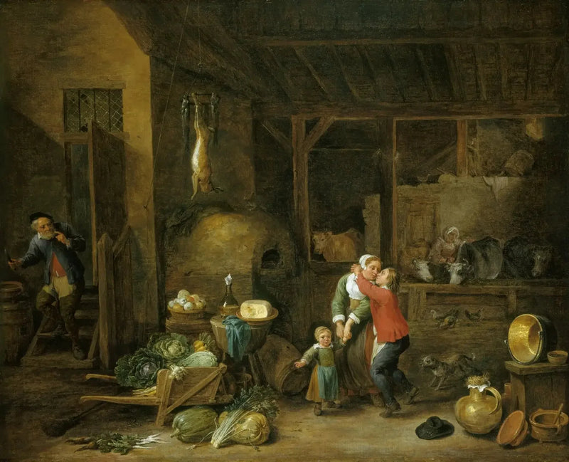 Perheen sisätilat, joissa on hahmoja (« Varastettu suukko ») - David Teniers nuorempi