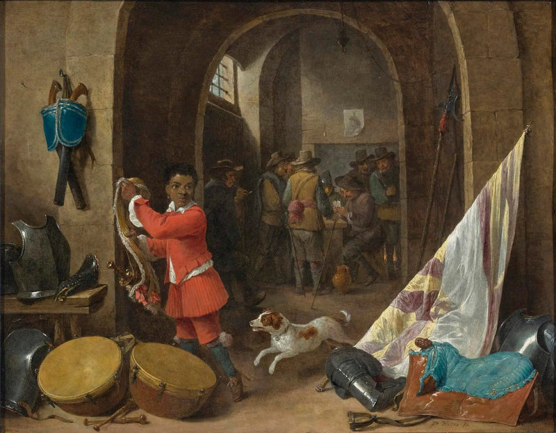 Sisätila vartiohuoneesta, jossa on musta palvelija lähellä asetelmaa, jossa on satula, lippu, rumpuja ja haarniskoja; taustalla sotilaita korttia pelaamassa - David Teniers nuorempi