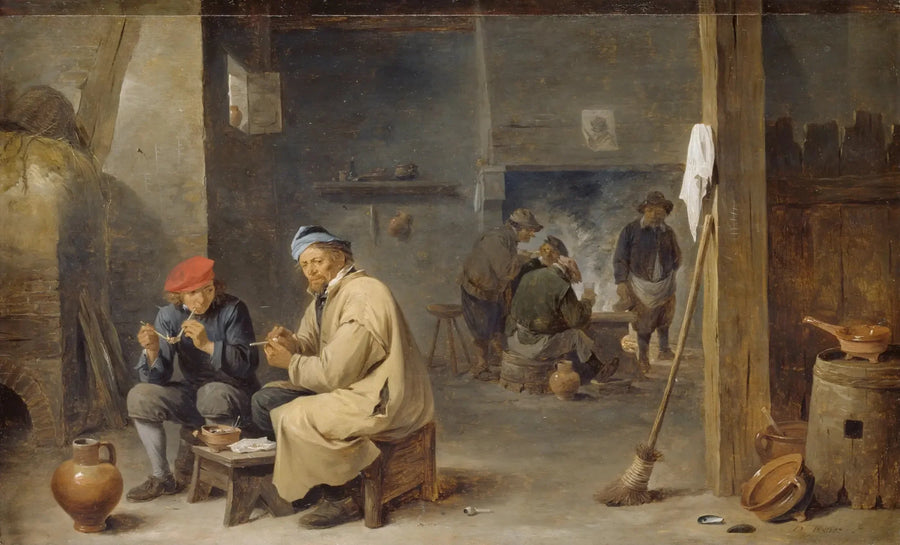 Sisätilat kapakassa, jossa tupakoivia maanviljelijöitä - David Teniers nuorempi