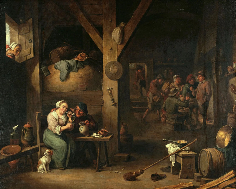 Tavernaan sisätilat, jossa nainen tupakoi ja mies tarjoaa hänelle lasin vanhan naisen katsoessa - David Teniers nuorempi
