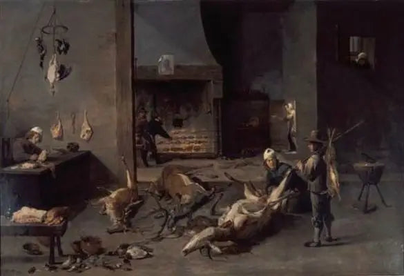 Keittiön sisustus, jossa kokit valmistavat metsästysriistaa - David Teniers nuorempi