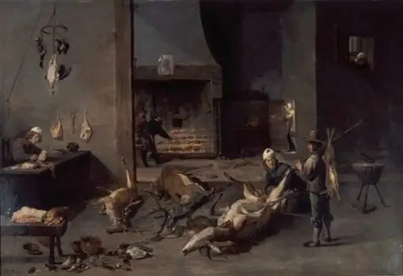 Keittiön sisustus, jossa kokit valmistavat metsästysriistaa - David Teniers nuorempi