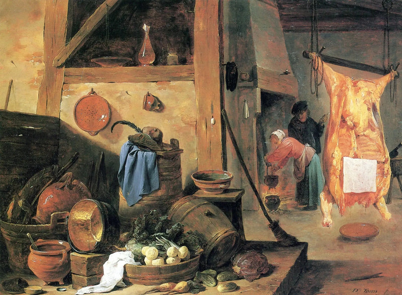 Keittiön sisustus still life ja tapettu naudanliha - David Teniers nuorempi