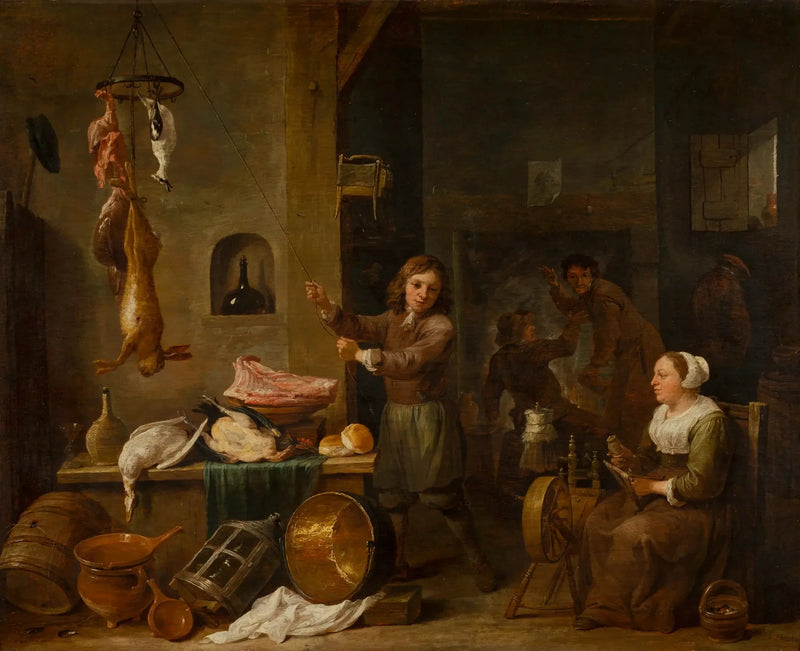 Keittiön sisustus pojan ja naisen kanssa pelipöydän ääressä - David Teniers nuorempi