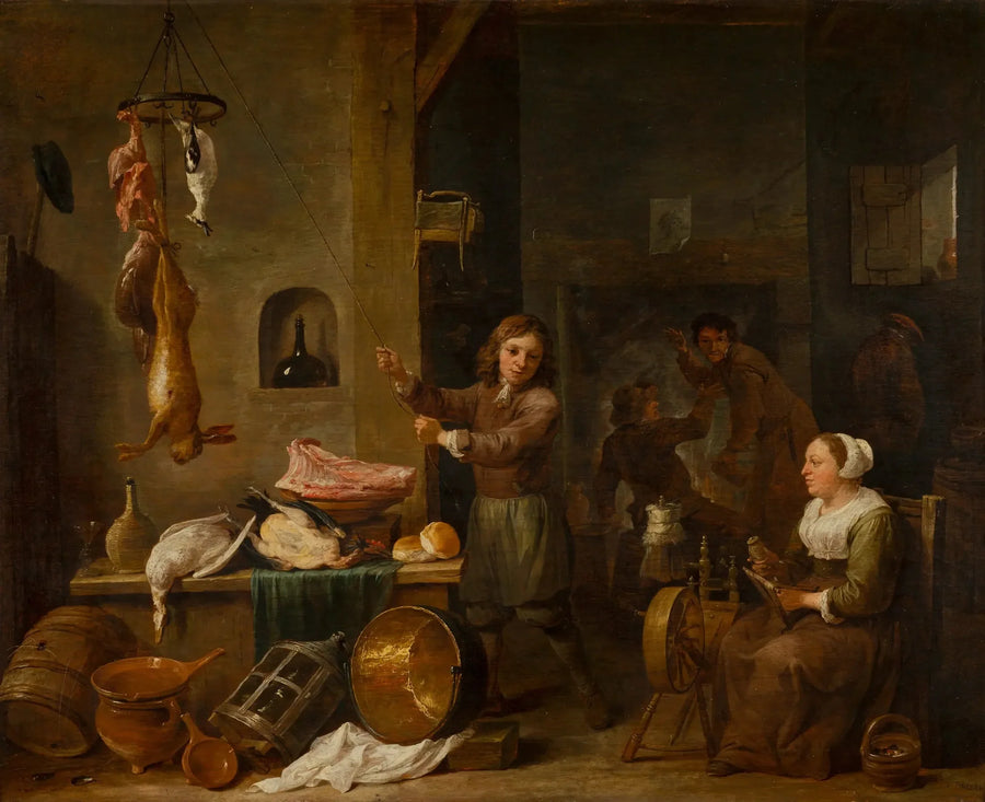 Keittiön sisustus pojan ja naisen kanssa pelipöydän ääressä - David Teniers nuorempi