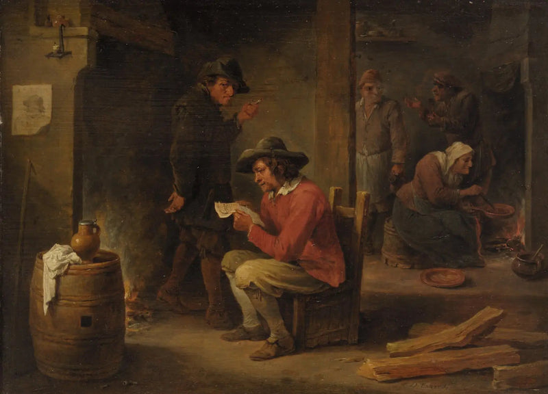 Maatilan sisustus sanomalehtien lukijan kanssa - David Teniers nuorempi