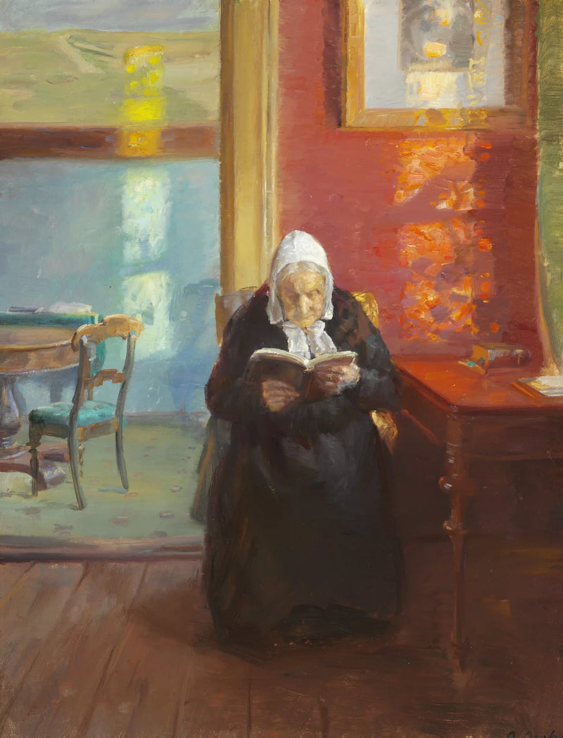 Punaisen huoneen sisätilat, joissa taiteilijan äiti, Ane Bründum, lukee - Anna Ancher