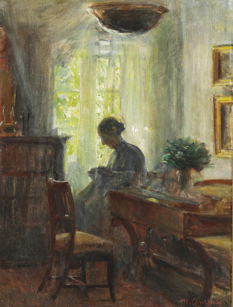 Taiteilijan talon sisätilat. Anna Ancher kirjontatyönsä äärellä - Michael Peter Ancher