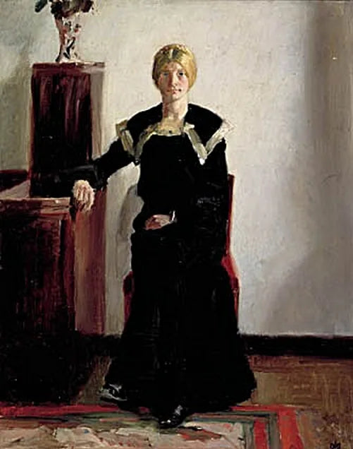 Taiteilijan talon sisätilat. Kuvassa on nuori nainen mustassa mekossa. - Michael Peter Ancher