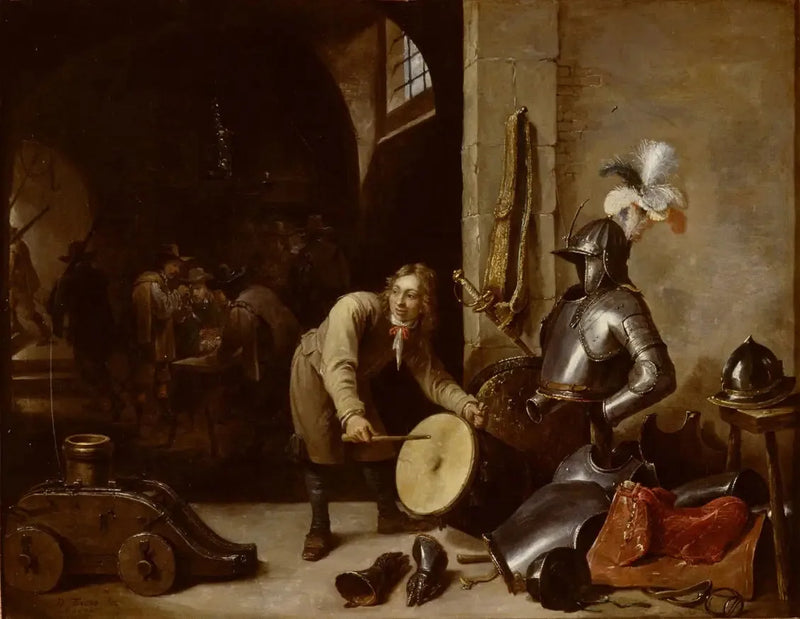 Sisätilat vartiohuoneessa nuoren miehen pitäessä rumpua - David Teniers nuorempi