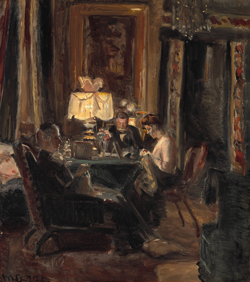 Kruuseminden olohuoneen sisätilat, joissa Bechin perhe istuu pöydän ääressä lampunvalossa. - Michael Peter Ancher