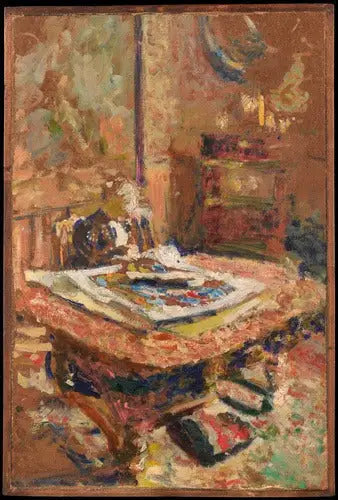 Sisätila, rouva Vuillard istuu pöydän edessä - Édouard Vuillard