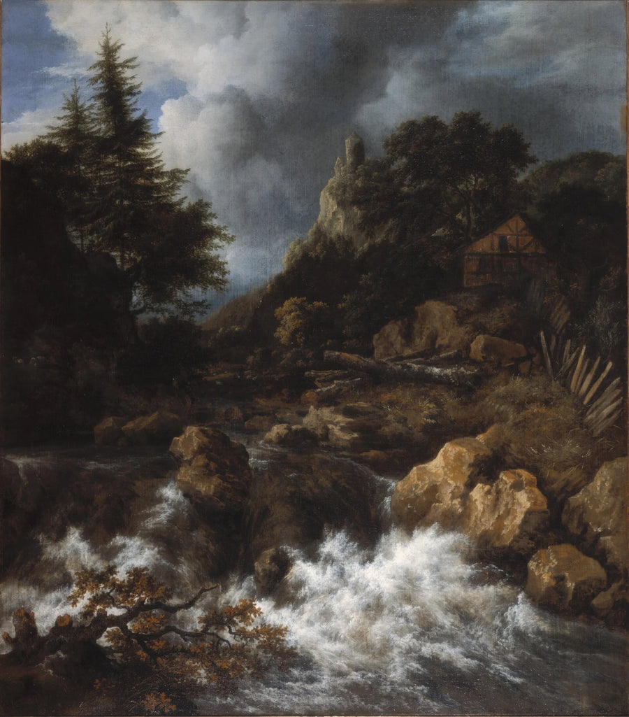 Cascade avec maison à colombages et château - Jacob van Ruisdael
