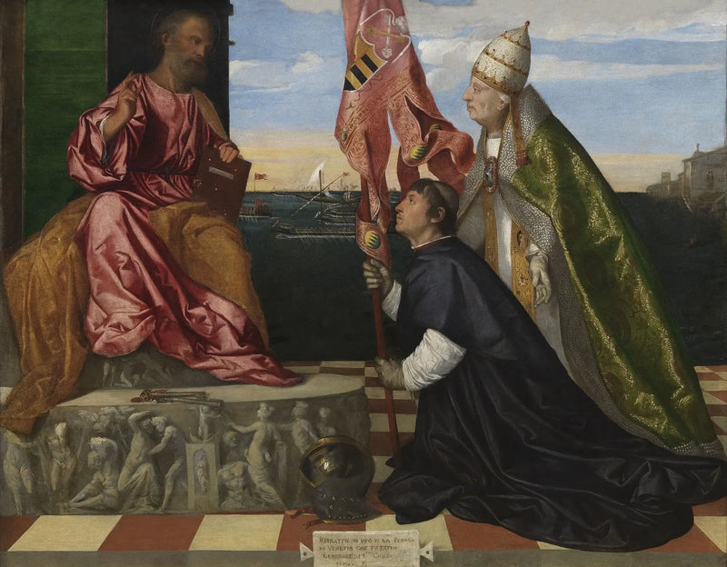 Jacopo Pesaro esittää paavi Aleksanteri VI:ta Pyhän Pietarin edessä - Titian