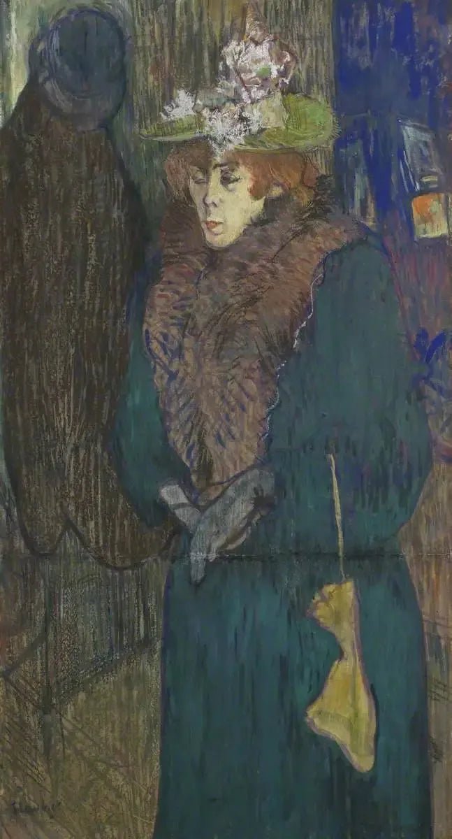 Jane Avril Moulin Rougen sisäänkäynnillä, laittaen hanskojaan - Henri de Toulouse-Lautrec