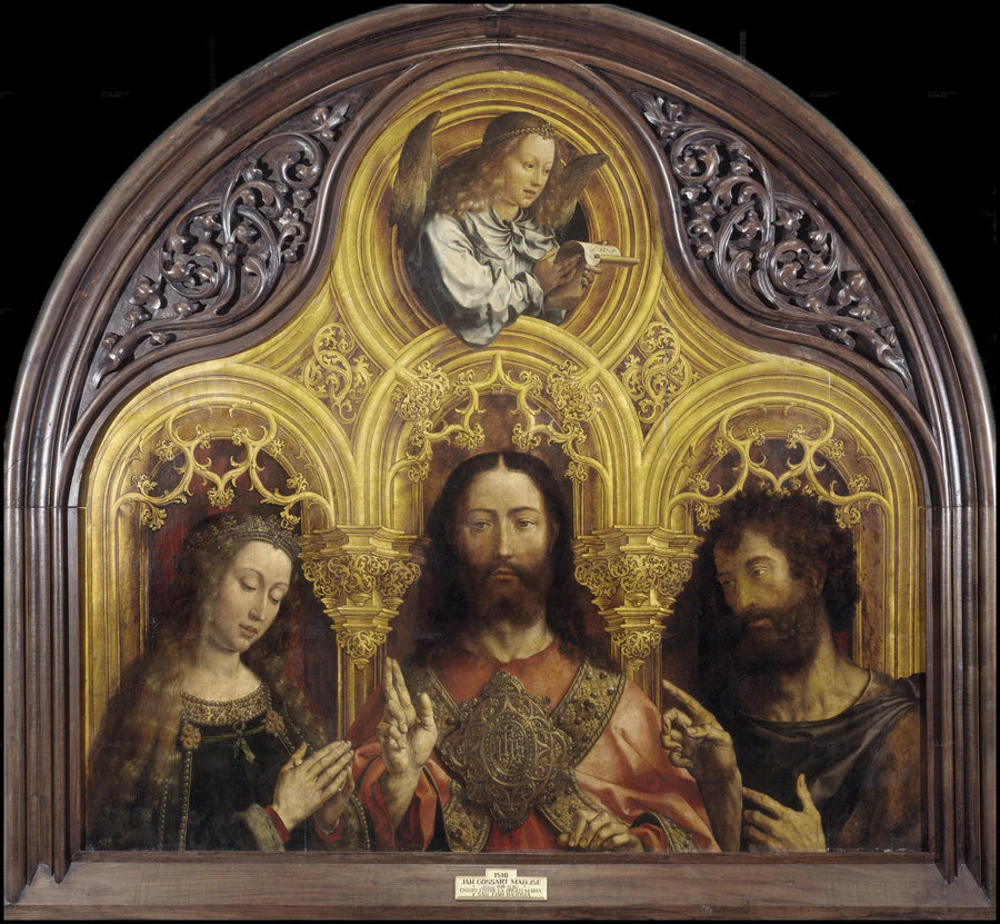 Jeesus Kristus Marian neitsyt Marian ja Pyhän Johannes Kastajan välillä - Jan Gossaert