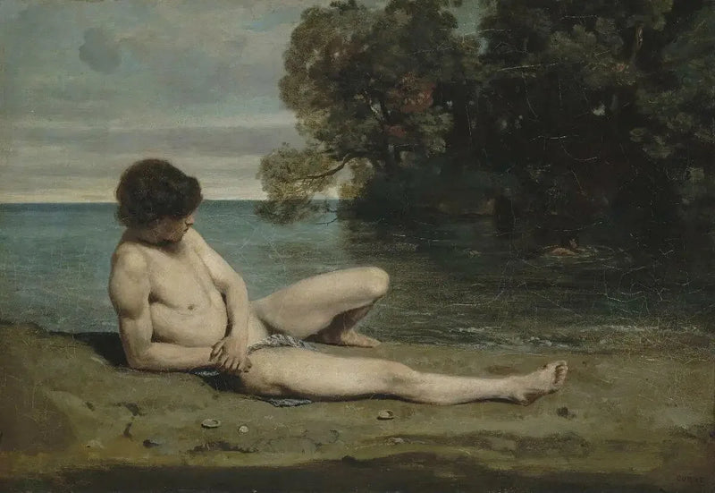 Nuori makasiinilapsi makaa rannalla - Jean-Baptiste Camille Corot
