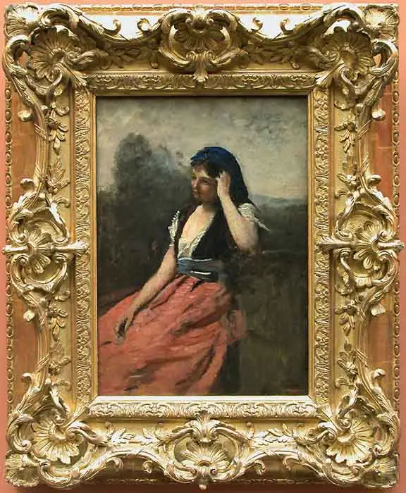 Nuori nainen vaaleanpunaisessa hameessa - Jean-Baptiste Camille Corot