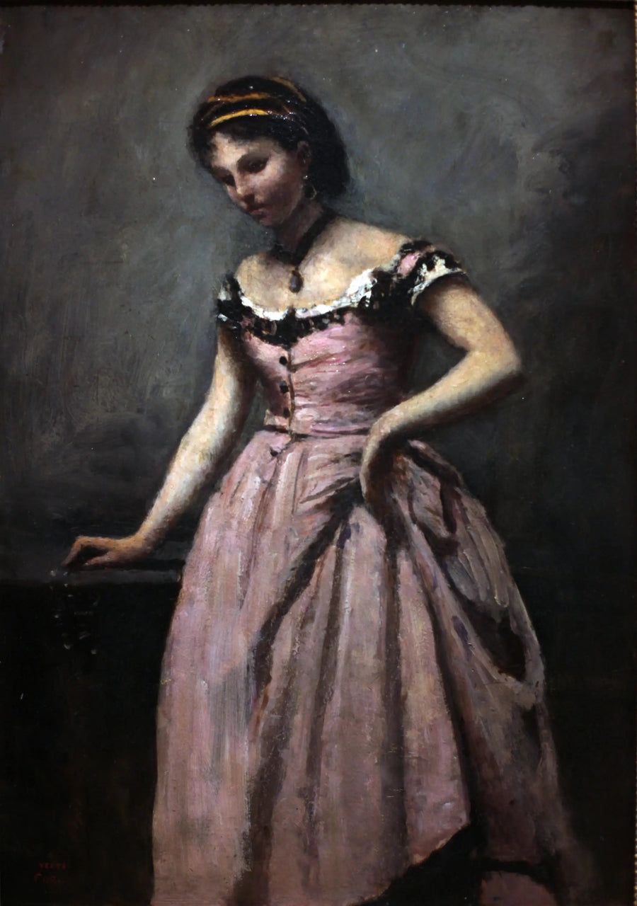 Nuori nainen vaaleanpunaisessa mekossa - Jean-Baptiste Camille Corot