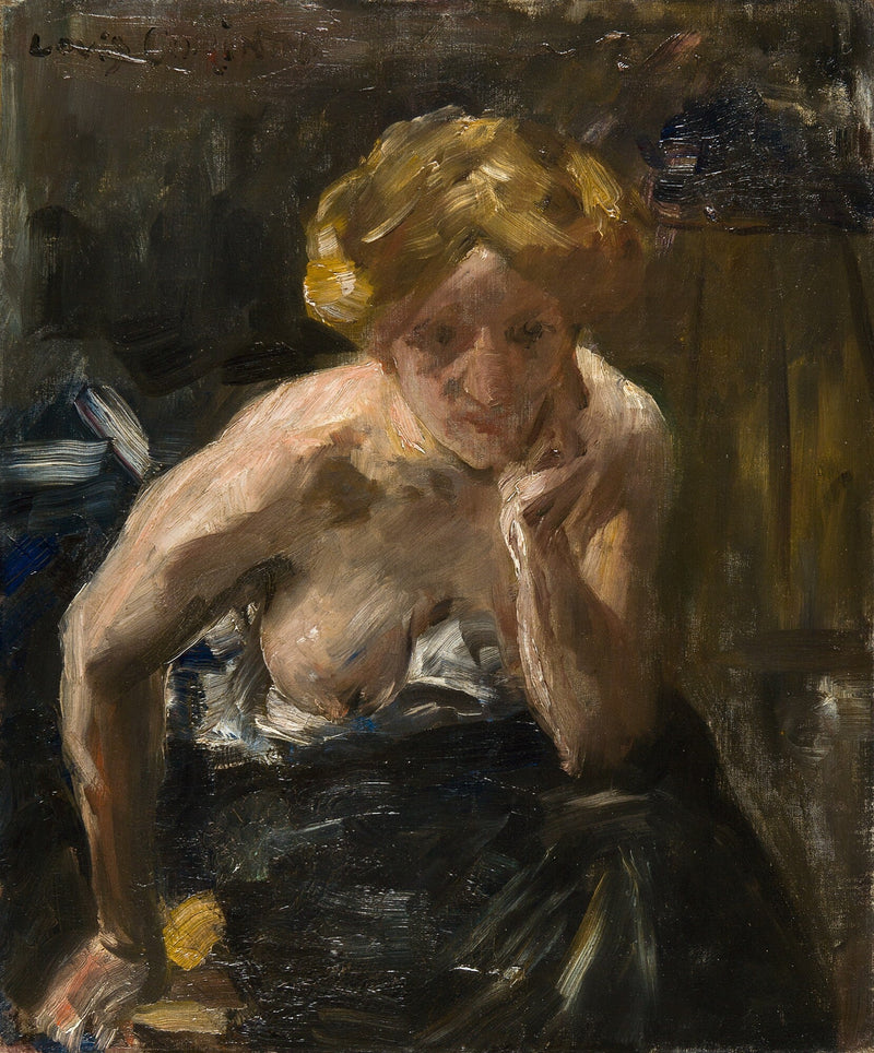 Nuori nainen, puolialasti, pää vasemman käden varassa - Lovis Corinth