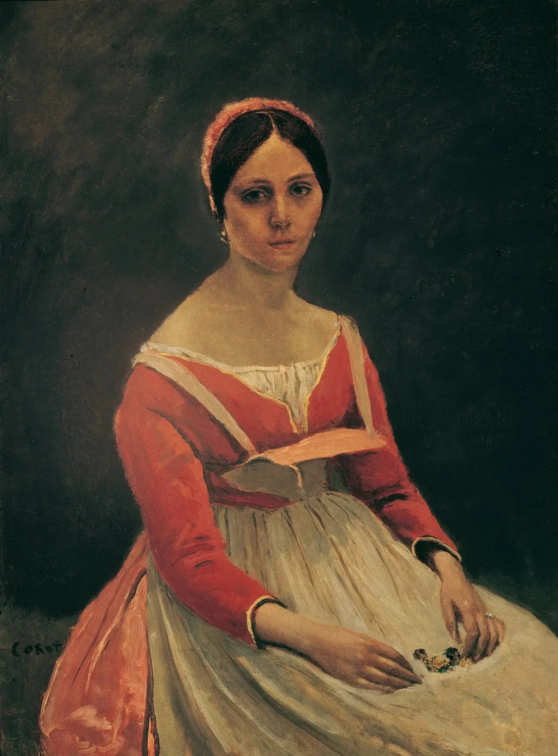 Nuori nainen istuu, kukat käsissään - Jean-Baptiste Camille Corot