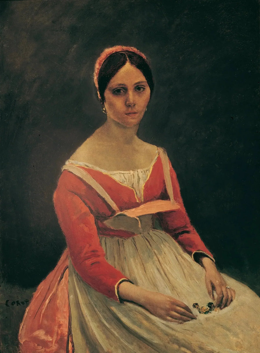 Nuori nainen istuu, kukat käsissään - Jean-Baptiste Camille Corot