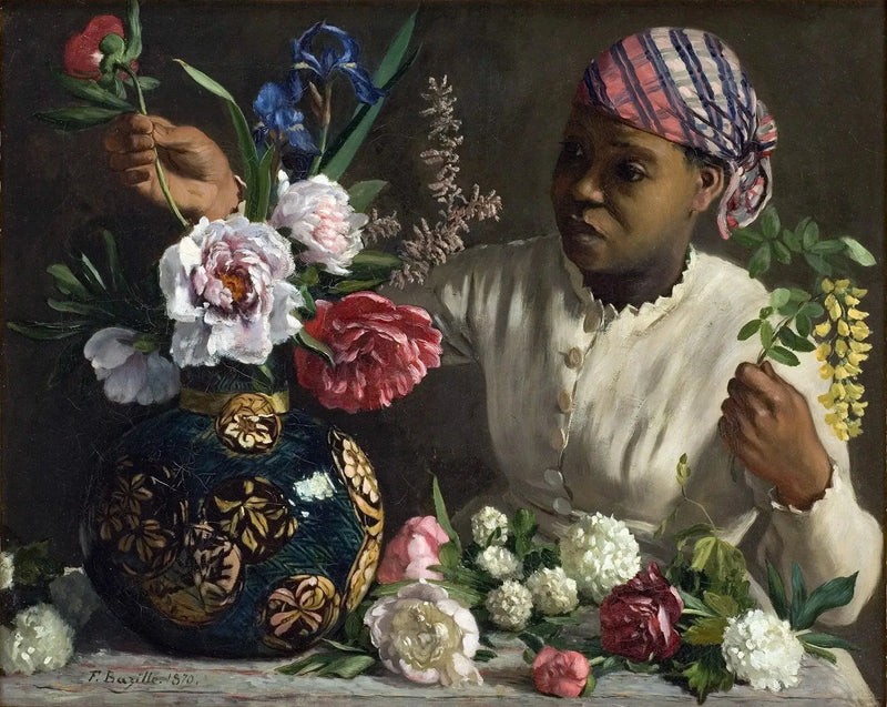 Nuori nainen pionien kanssa - Frédéric Bazille