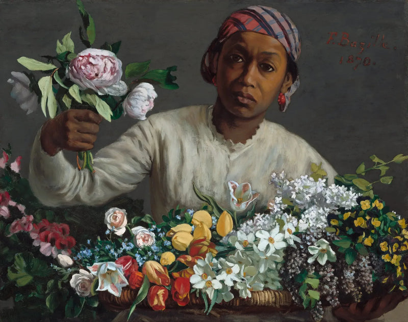 Nuori nainen pionien kanssa - Frédéric Bazille
