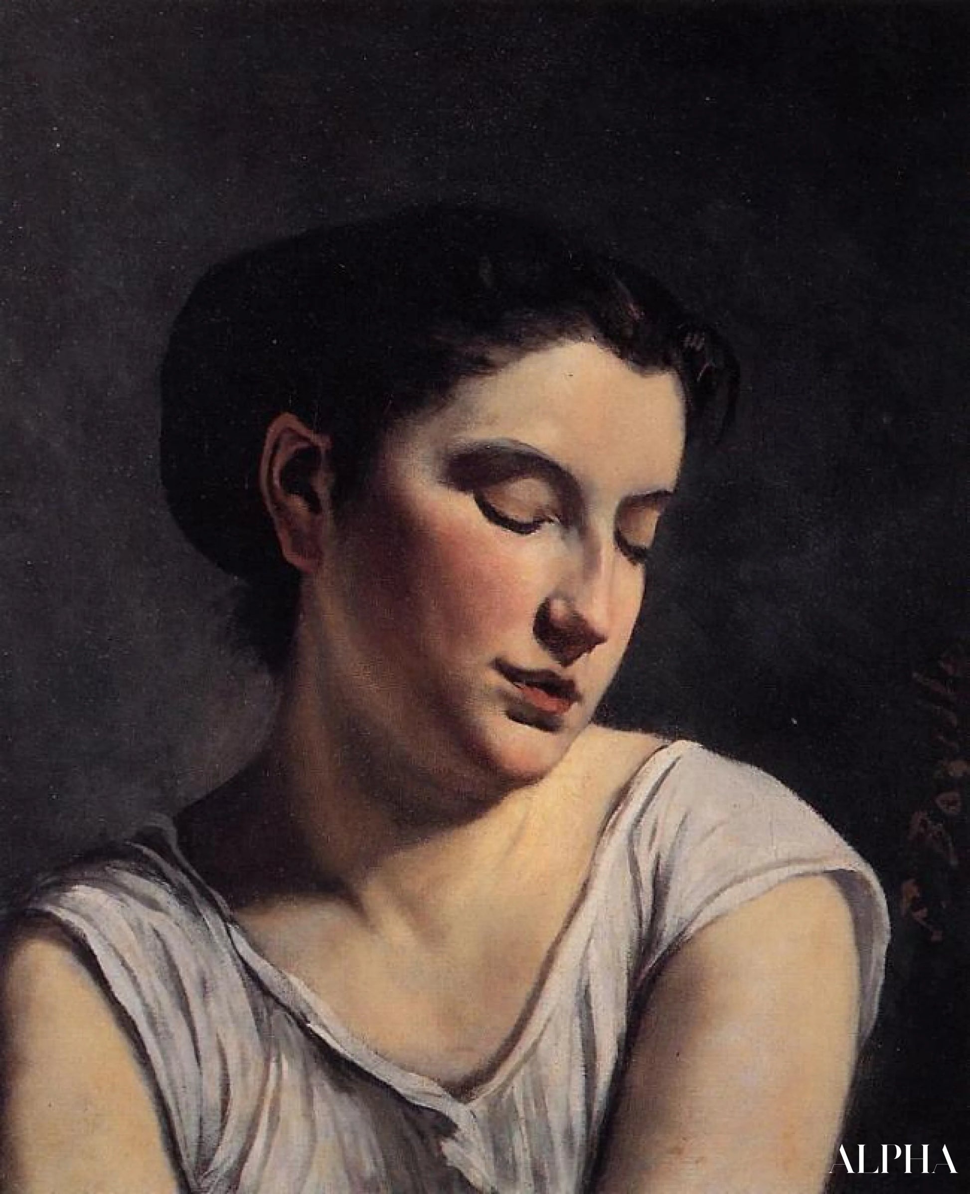 Nuori nainen alaspäin katsovilla silmillä - Frédéric Bazille - Korkealaatuiset taulujen ja maalauksien reproduktiot