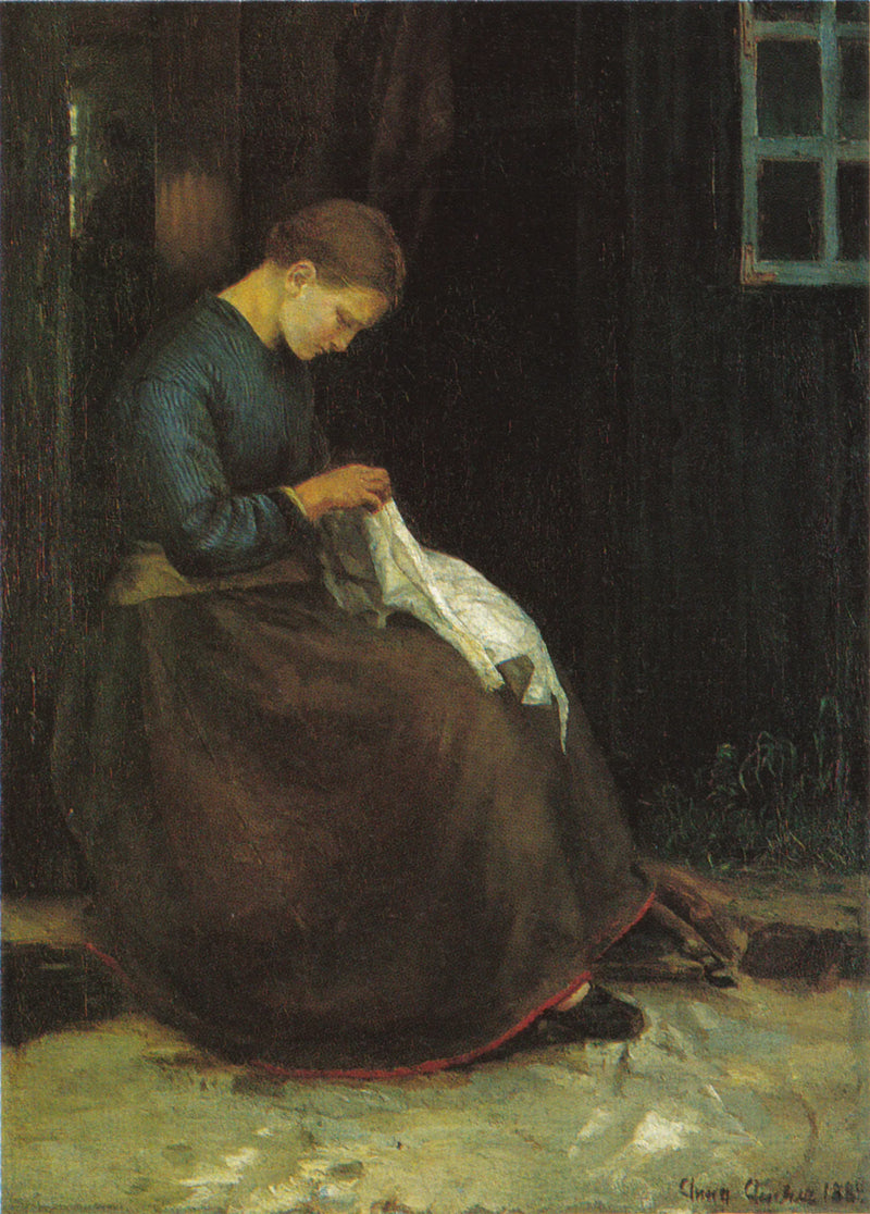 Nuori nainen ompelemassa talon ovella - Anna Ancher