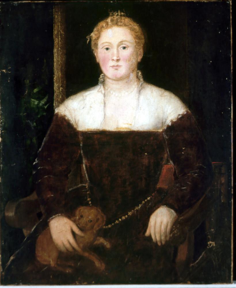Nuori nainen pienen koiran kanssa, mahdollisesti Soranzo-Perheen jäsen - Jacopo Tintoretto