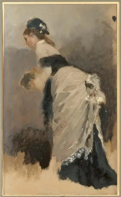 Nuori nainen seisomassa sivulta vasemmalle, huivilla ja käsivarsisidoksella - Jean Béraud