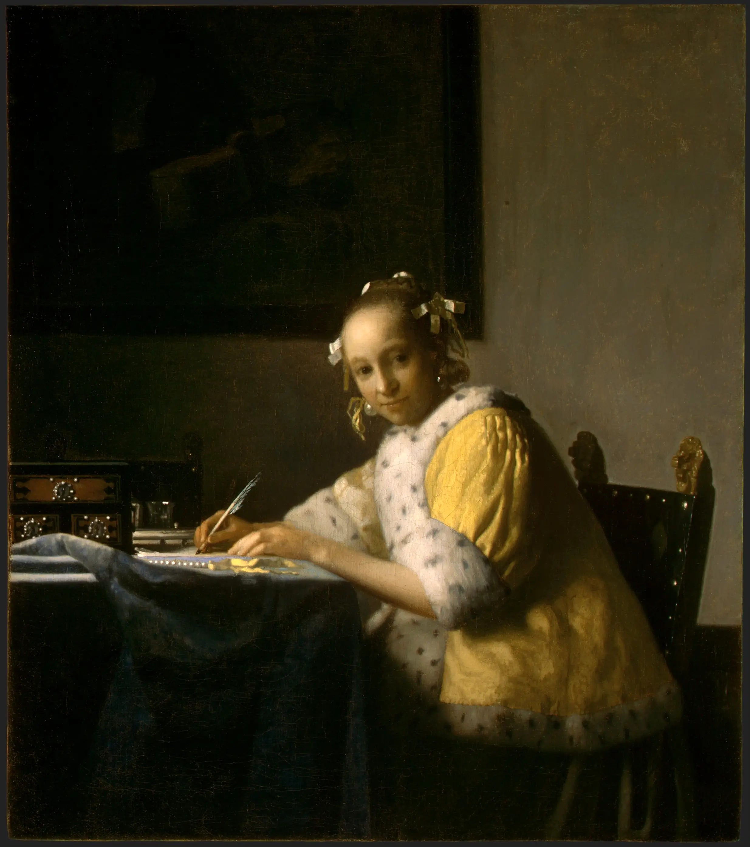 Reproduction du tableau « Jeune Femme écrivant une lettre - Johannes Vermeer » par Alpha Reproduction en peinture à l’huile