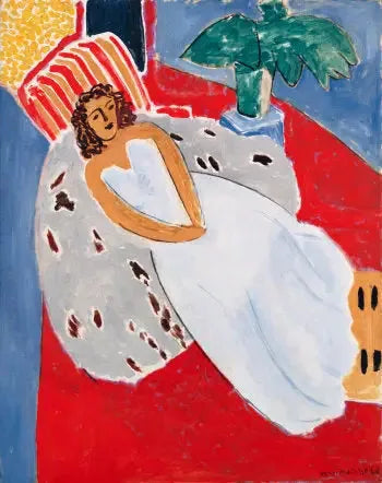 Nuori nainen valkoisessa, punaisella taustalla - Henri Matisse