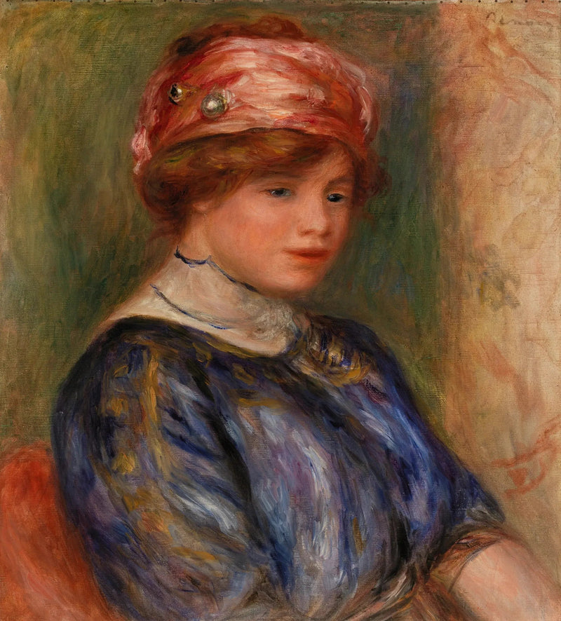 Nuori nainen sinisessä, rintakuva (Nuori nainen sinisessä korsettipaidassa, rintakuva) - Pierre-Auguste Renoir