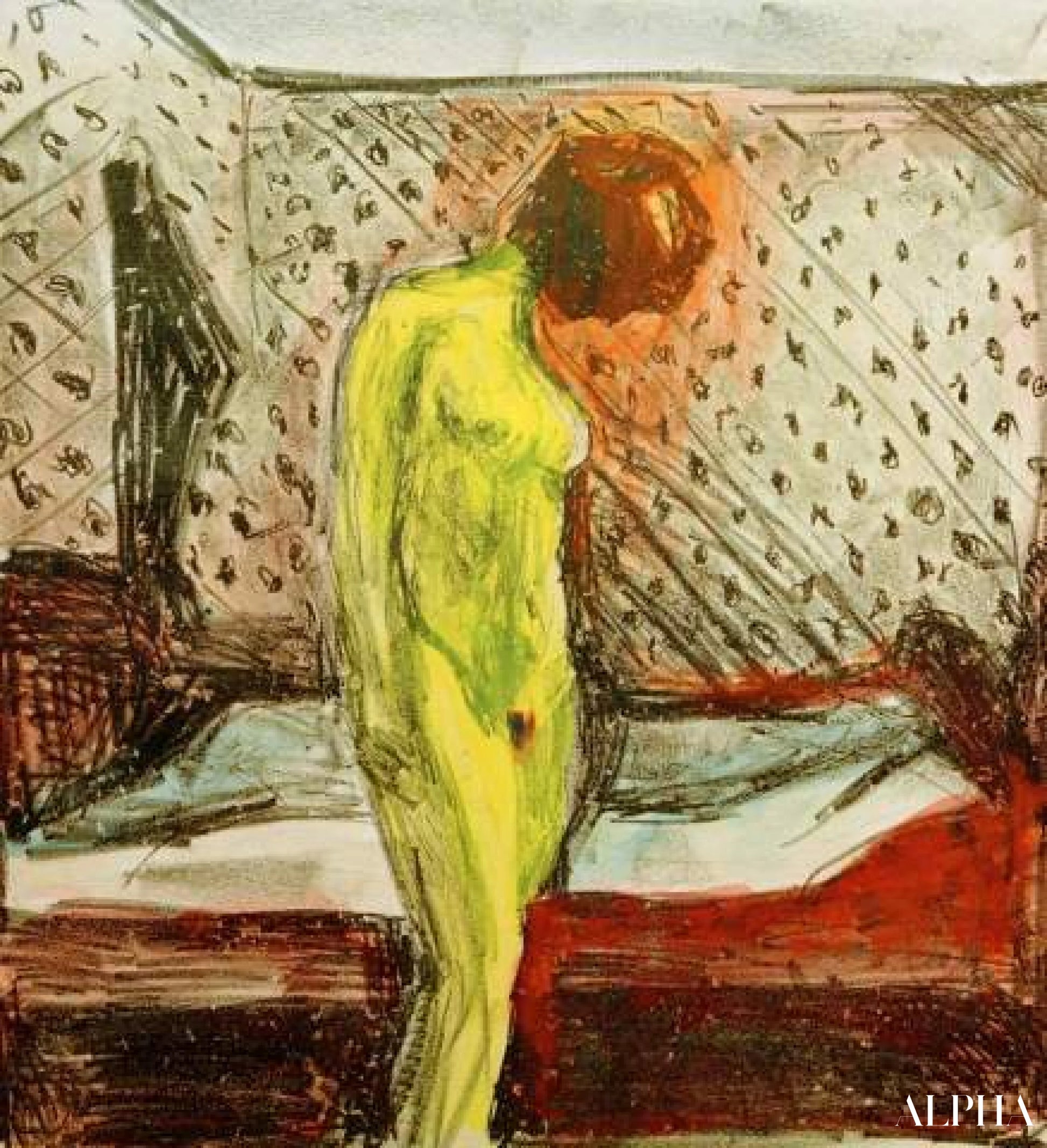 Nuori nainen itkee sängyn vieressä - Edvard Munch - Taulujen ja korkealaatuisten maalauksien reproduktiot