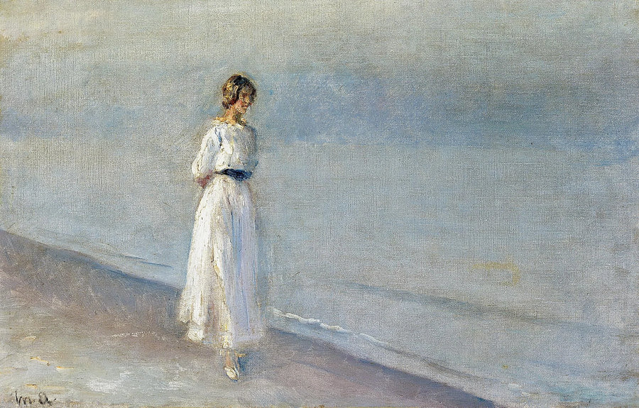Nuori nainen valkoisessa mekossa Skagen Senderstrandissa. -Michael Peter Ancher