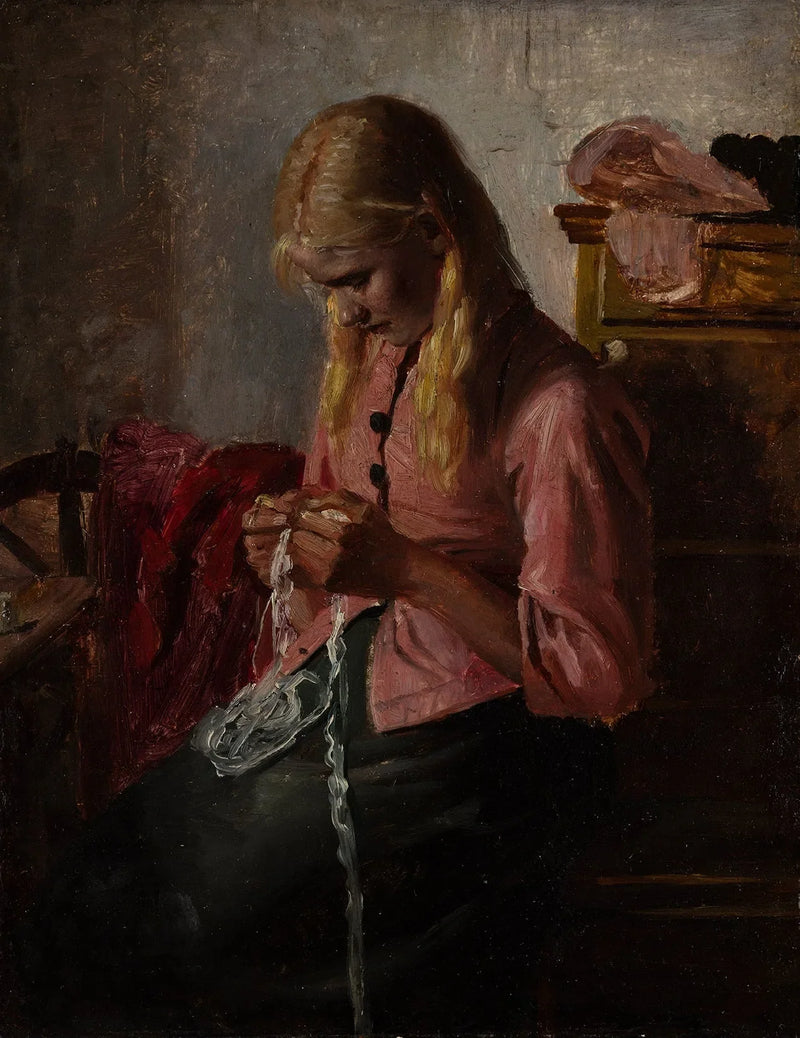 Nuori nainen virkkaamassa. Tine, Skagen. - Michael Peter Ancher