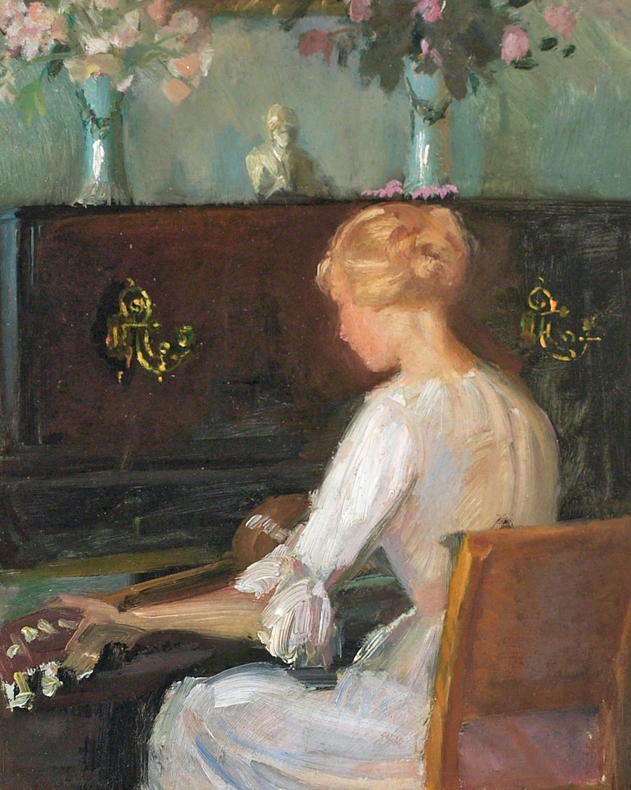 Nuori nainen soittaa kitaraa pianon edessä - Anna Ancher