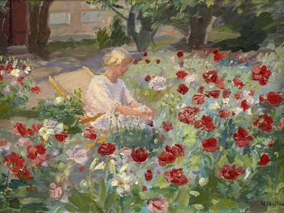 Nuori nainen unikkojen keskellä - Anna Ancher