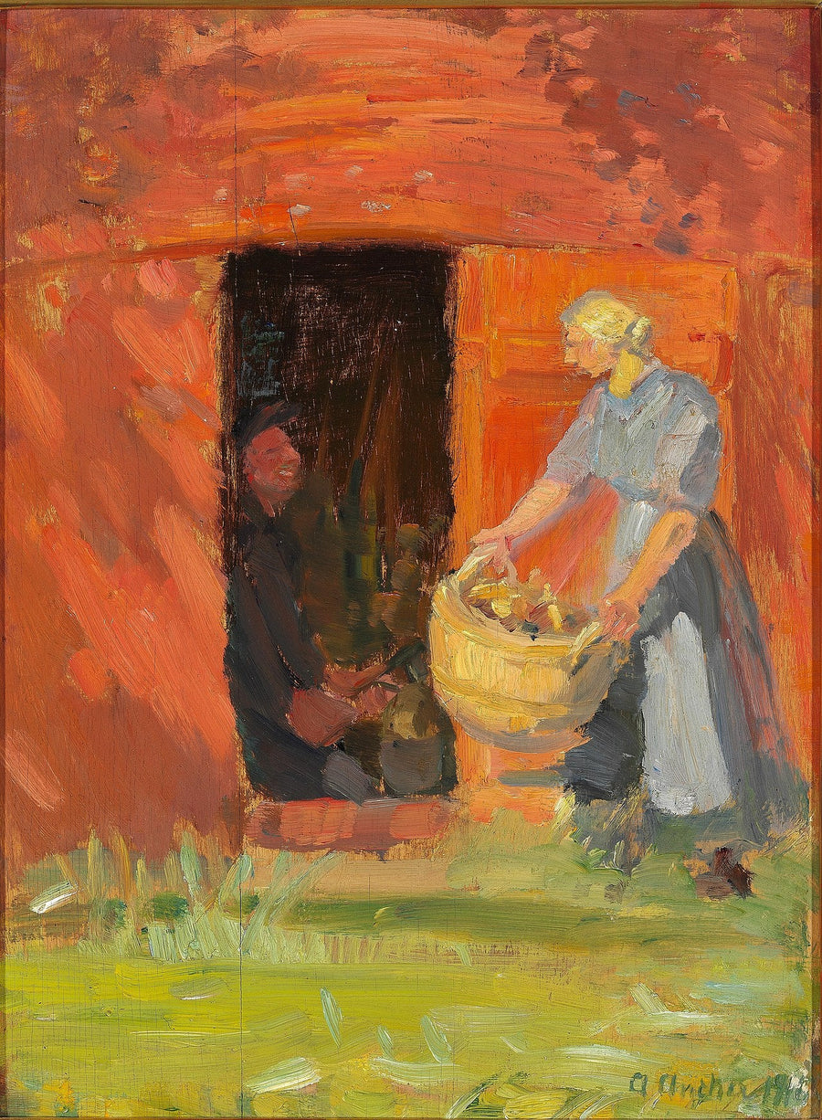 Nuori nainen kantaa pyykkiä punaisen talon edessä Skagenissa. - Anna Ancher
